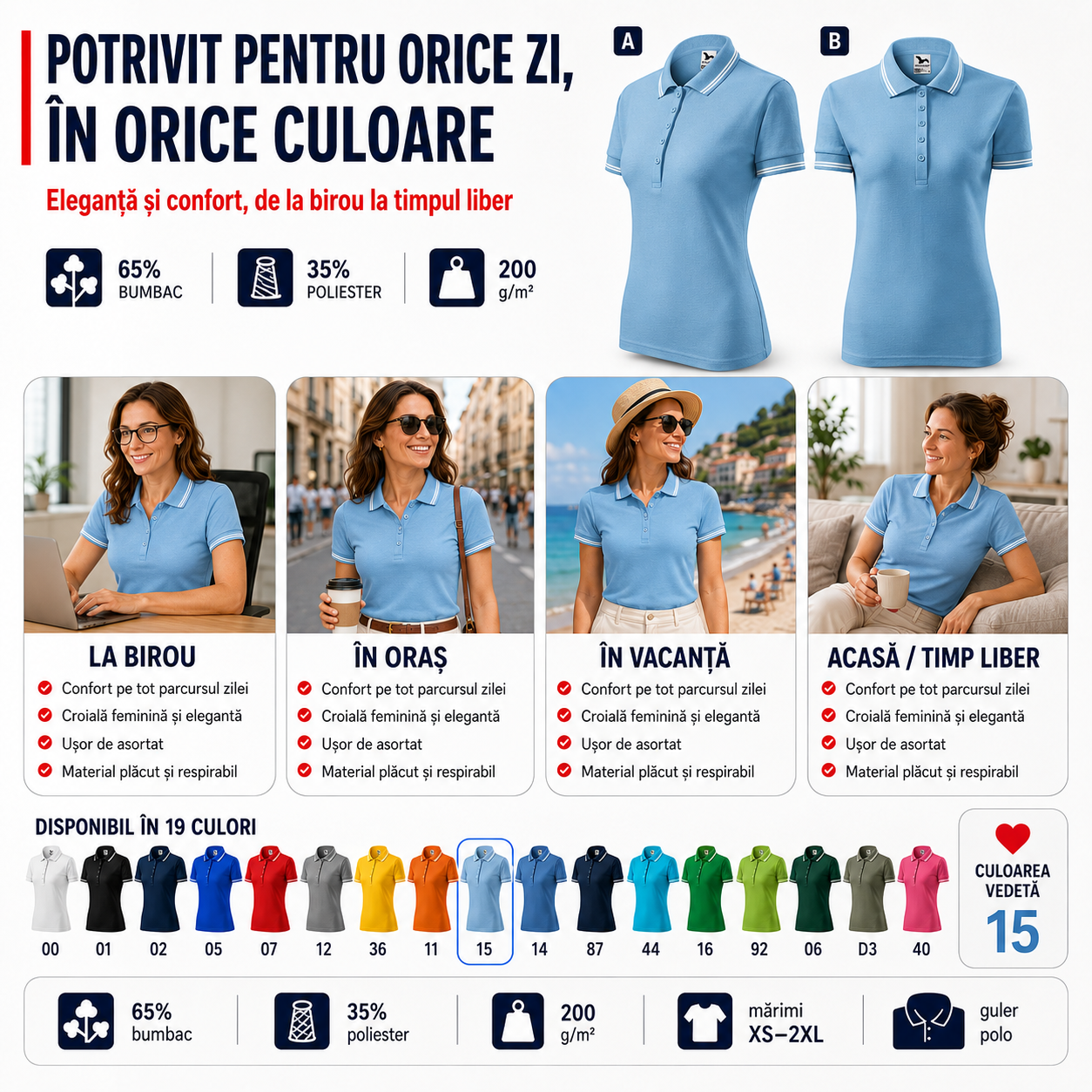Tricou polo damă cu dungi la guler, material piqu&eacute; 65% bumbac și 35% poliester, disponibil &icirc;n 19 nuanțe